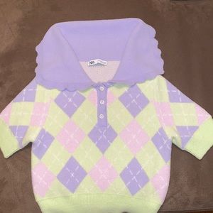 Zara Pastel Argyle Polo Short Sleeve Sweater with Rhinestone Buttons